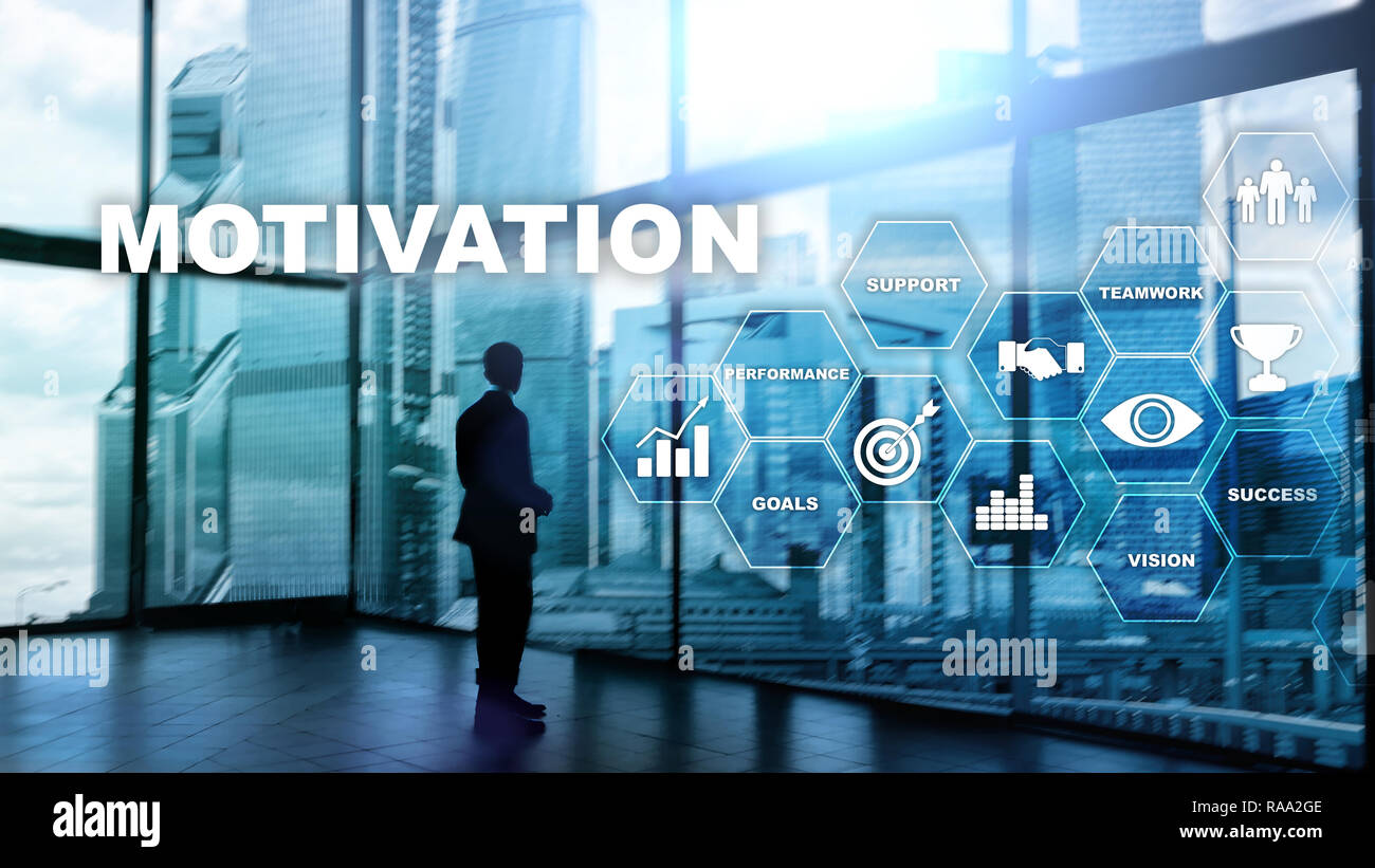 Motivation Konzept mit den Elementen. Business Team. Finanzkonzept auf verschwommenen Hintergrund. Mixed Media. Stockfoto