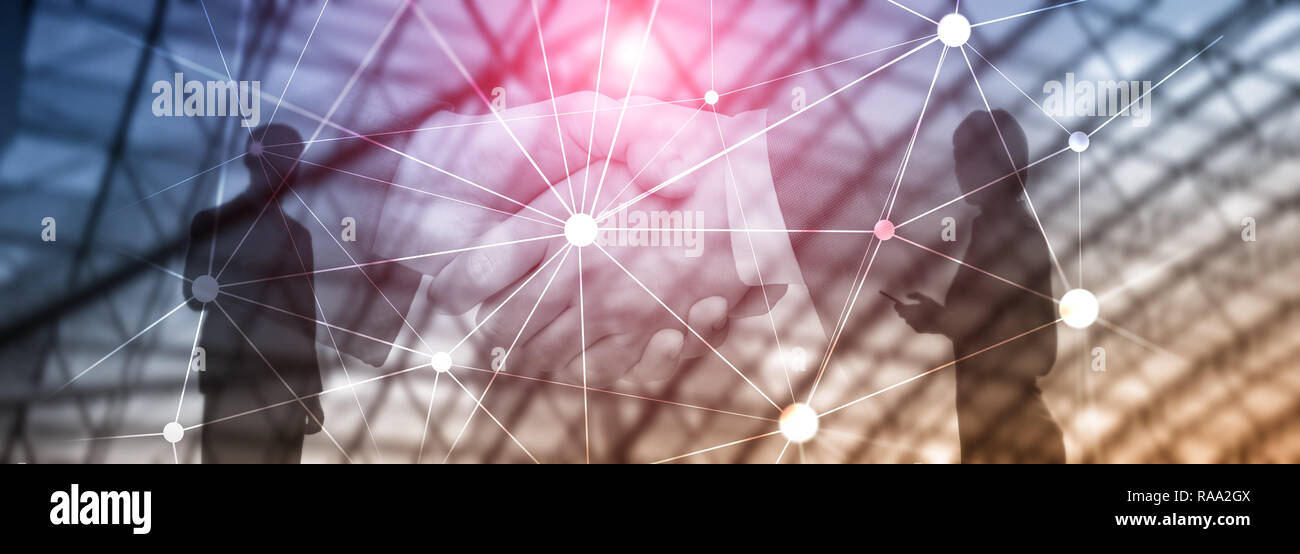 Blockchain Netzwerk auf unscharfen Wolkenkratzer Hintergrund. Die Technologie- und Kommunikationskonzept. Stockfoto