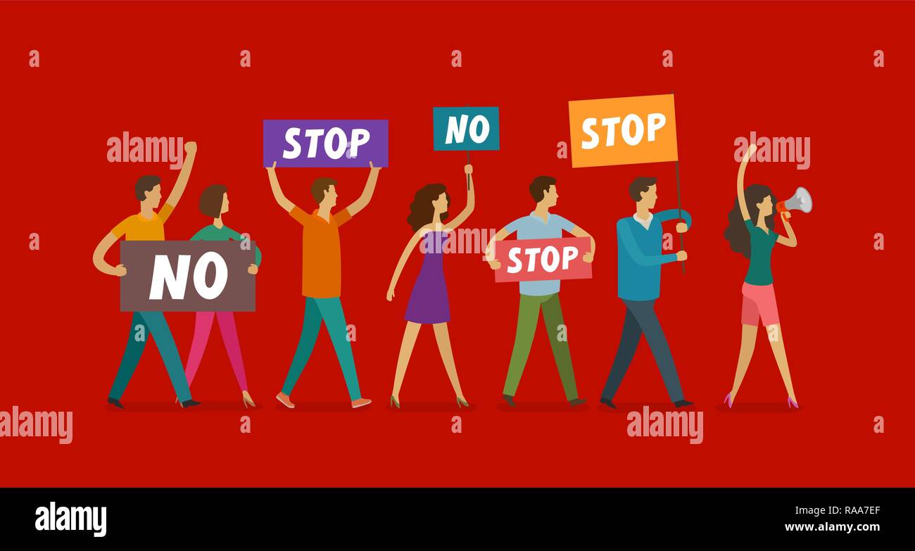 Menschen nehmen an öffentlichen Protest. Demonstration, Streik Konzept. Cartoon Vector Illustration Stock Vektor