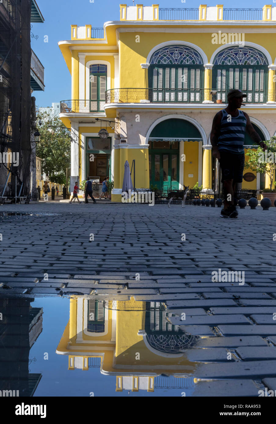 Gebäude aus der Kolonialzeit der Plaza Vieja spiegelt sich in der Pfütze Stockfoto