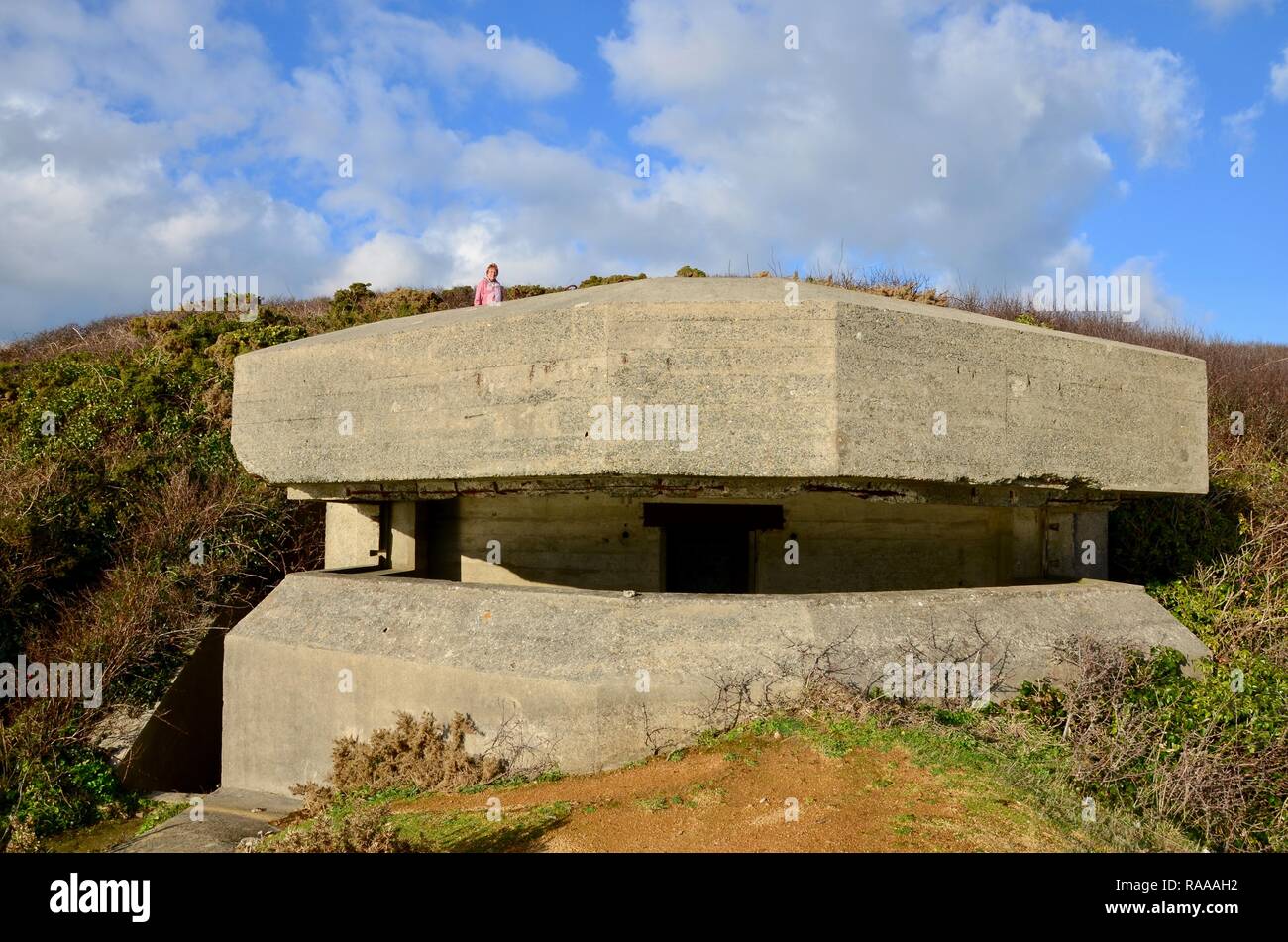 Jerbourg Point, Guernsey, Channel Islands, Großbritannien. Deutsche Weltkrieg II konkrete Geschützstellung oder fensterflügel Verteidigung Batterie. Stockfoto