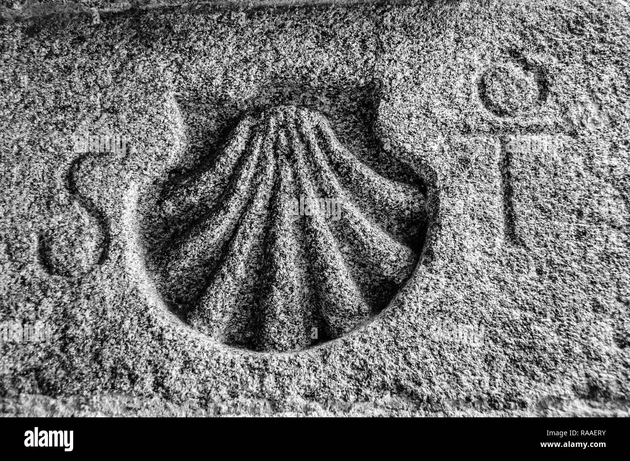 Saint James Weg symbol Carved In Stone in Santiago de Compostela, Spanien Stockfoto