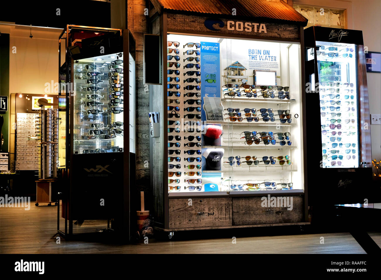 Beleuchtetes Display Case für Costa und Maui Jim Sonnenbrille; optometrist store Interieur. Stockfoto