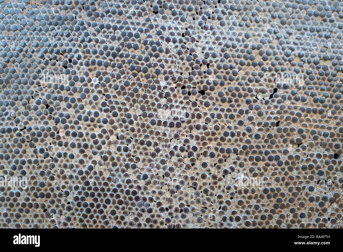 Abgenutzte Oberfläche aus Metall nailheads und Zement. Stockfoto