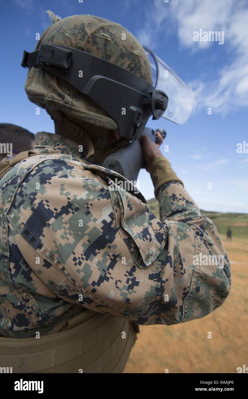 Us-Marine schießt die Mossberg 12 Gage Schrotflinte während der Non-Lethal Waffen Instructor Kurs auf Camp Hansen, Okinawa, Japan. Marines, Matrosen, Flieger und Japanische Sicherheitsbeamte abgeschlossen eine Woche lang Non-Lethal Waffen Instructor Kurs, der Taser Ausbildung, OC Belichtung und riot control Team Taktik. Stockfoto