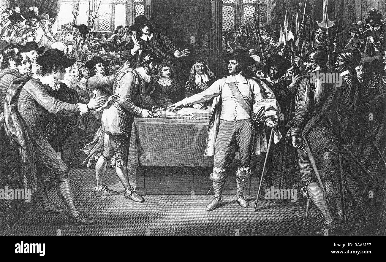 Cromwell stellt sich heraus das Rumpfparlament wegen seiner Korruption, 1653. Stockfoto