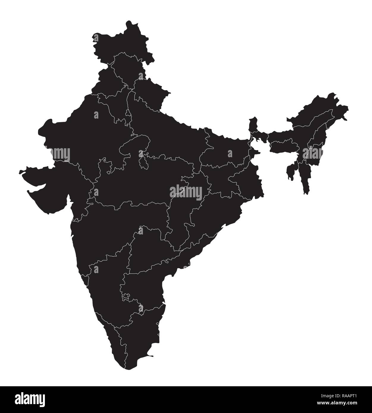 Indien schwarz administrative Vektorkarte auf weißem Hintergrund Stock Vektor