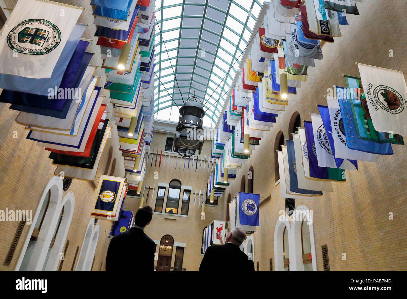 Die große Halle von Fahnen, Statehouse, Boston, Massachusetts, USA Stockfoto