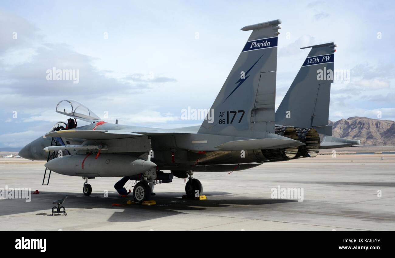 Ein Florida Air National Guard F-15 Eagle kontrastiert mit der Berge, die Nellis Air Force Base, Nevada Jan. 19, 2017. Flieger von der 125th Fighter Wing bereitgestellt für 3 Wochen auf der Nellis AFB für Red Flag 17-1, die erste Rote Flagge Training der F-35 A. zu integrieren. (Air National Guard Stockfoto