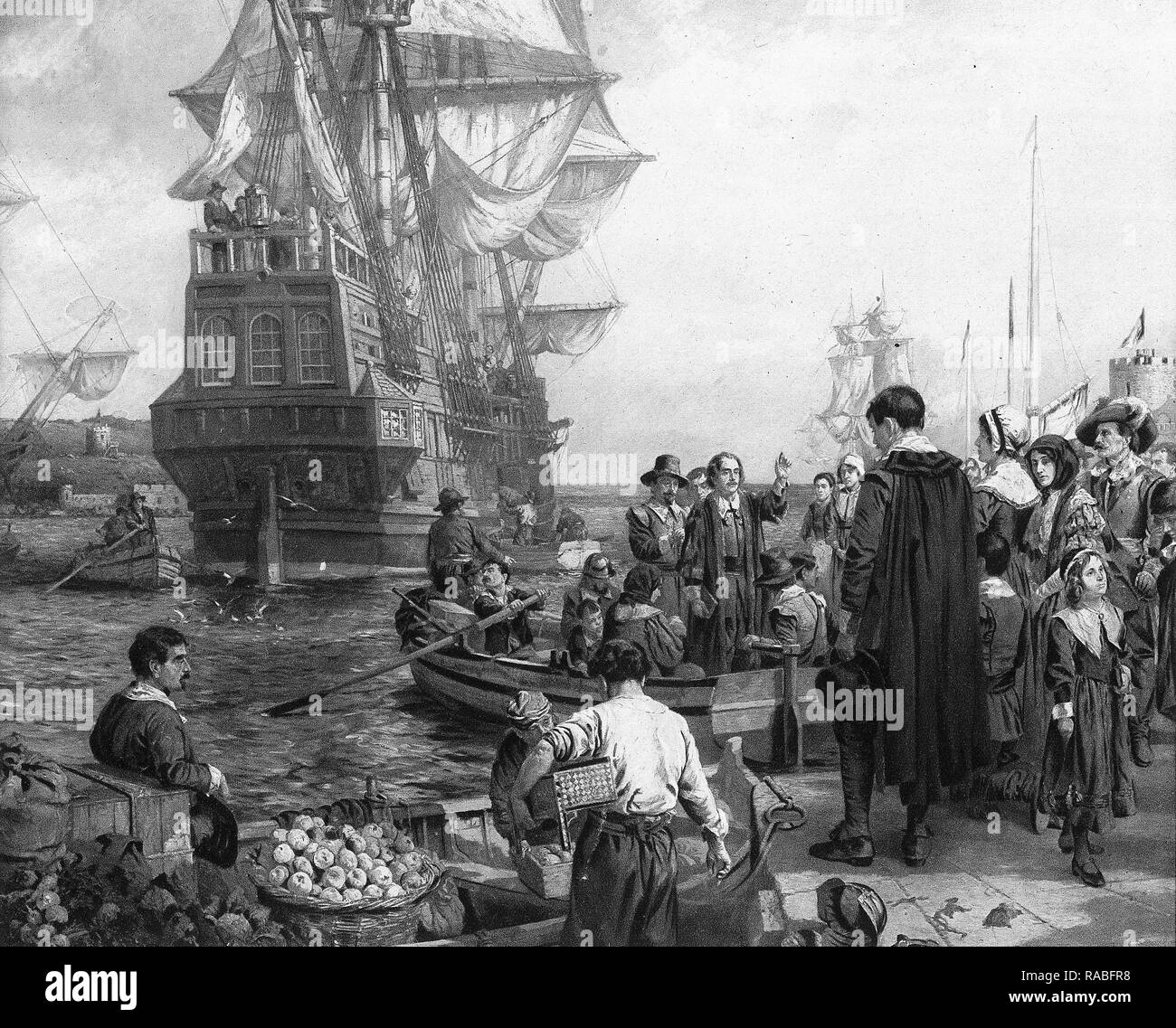 Die Abfahrt der Pilgerväter von der Mayflower im Jahre 1620 markierte den Beginn der religiösen Freiheit in der Neuen Welt. Stockfoto