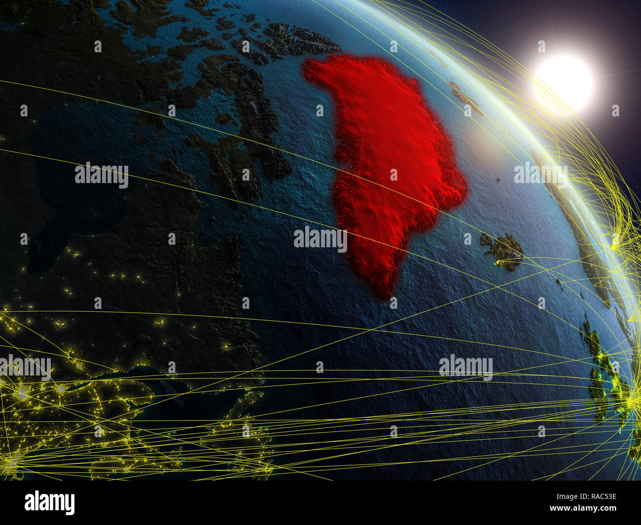 Grönland aus dem Weltraum auf realistischen Modell der Planet Erde mit Netzwerk. Konzept der digitalen Technologie, Konnektivität und Reisen. 3D-Darstellung. Element Stockfoto