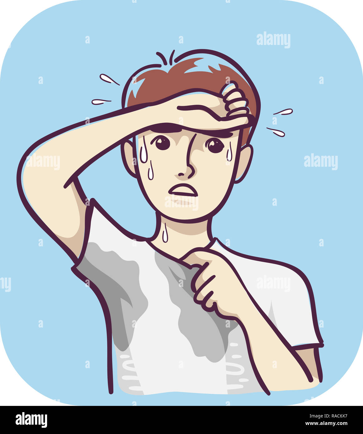 Abbildung: ein Mann mit übermäßigem Schwitzen Abwischen Stirn mit nassen Achseln und Brust Stockfoto