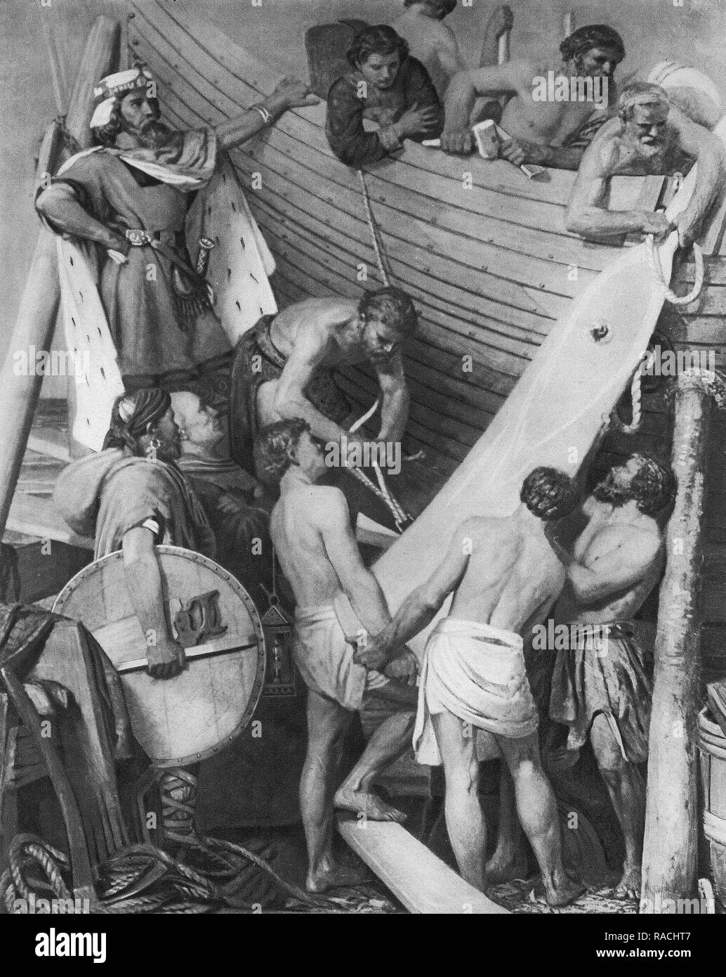 König Alfred der Große von England baut eine Flotte von Schiffen, der ersten britischen Marine, die Niederlage der Dänen in ihre langboote. Von einem ursprünglichen Gemälde von H R Mileham. Stockfoto