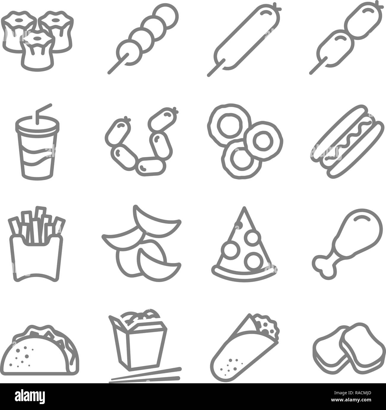 Fast food Vektor Symbol Leitung festgelegt. Darunter auch Chinesische Nudelsuppe, Taco, Nuggets, Pommes, Brötchen, Getränke und mehr Stock Vektor