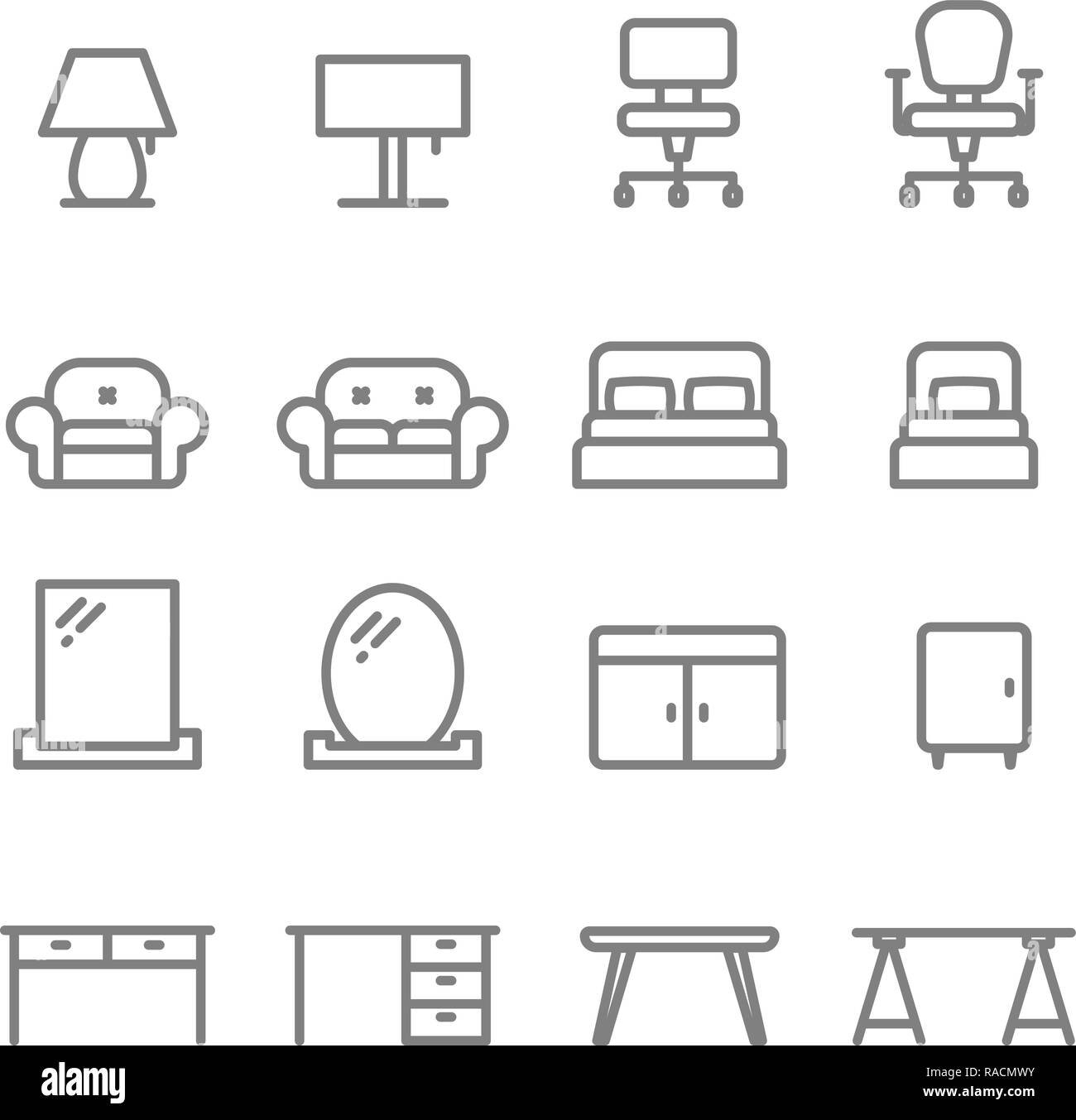 Möbel vektor Symbol Leitung festgelegt. Einschließlich Sofa, Bett, Lampe,  Stuhl, Spiegel, Tisch, Schreibtisch Stock-Vektorgrafik - Alamy