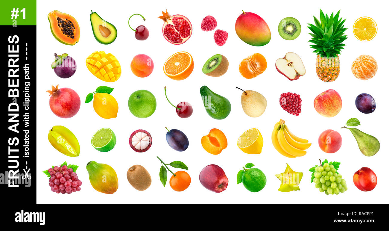 Tropische Früchte. Sammlung von verschiedenen exotischen Früchten und Beeren isoliert auf weißem Hintergrund, Ananas, Orange, Apfel, Traube, Avocado, Mango, Birne Stockfoto