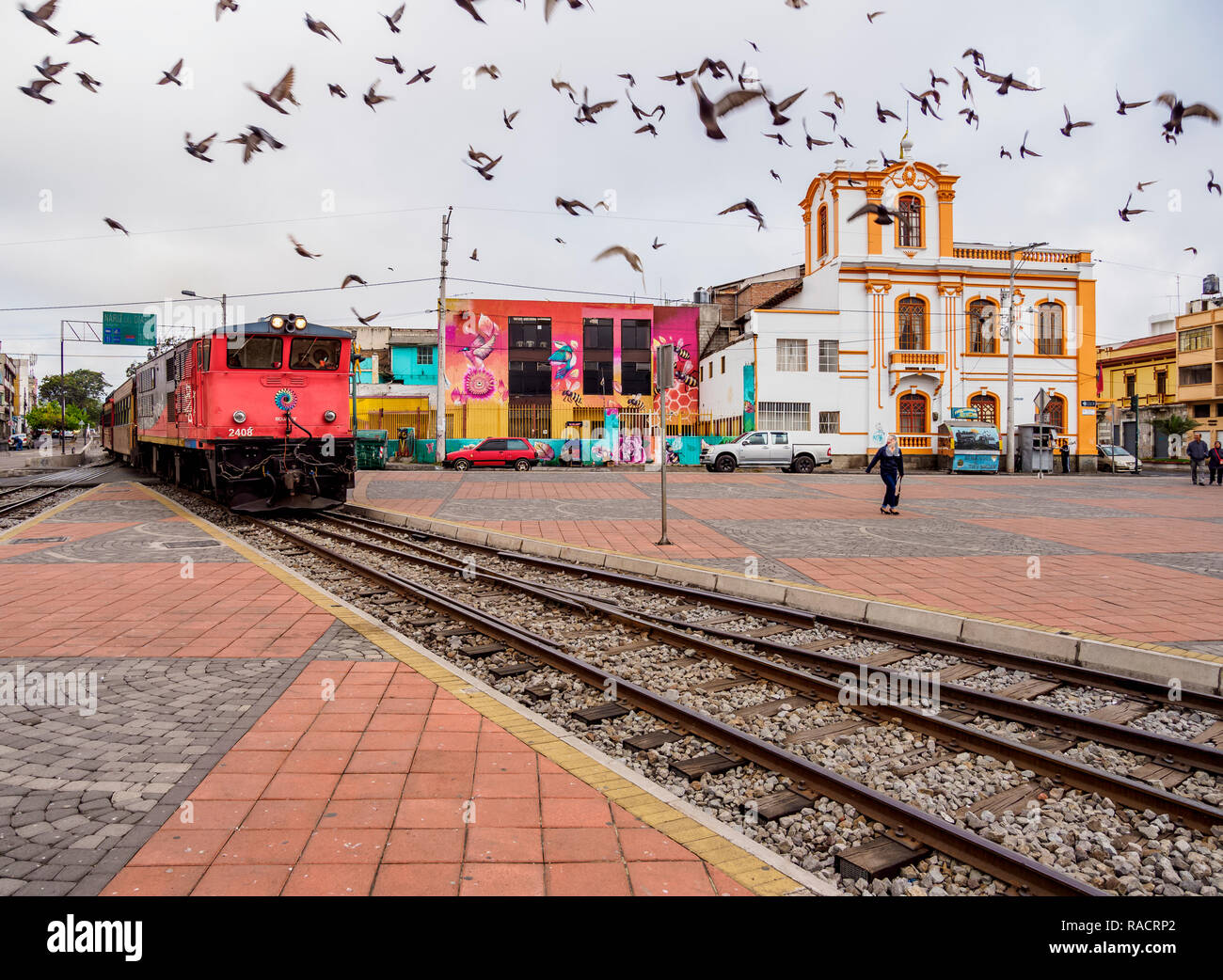 Zug am Bahnhof ankommen in Riobamba, Provinz Chimborazo, Ecuador, Südamerika Stockfoto
