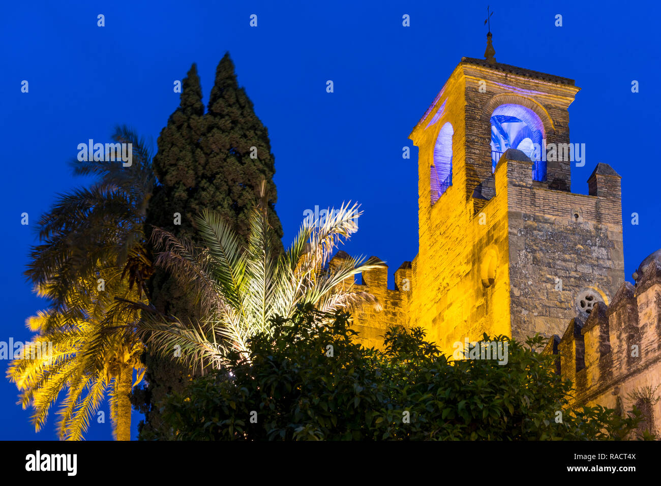 Turm des Alcazar de los Reyes Cristianos in der Dämmerung beleuchtet, UNESCO-Weltkulturerbe, Cordoba, Andalusien, Spanien, Europa Stockfoto