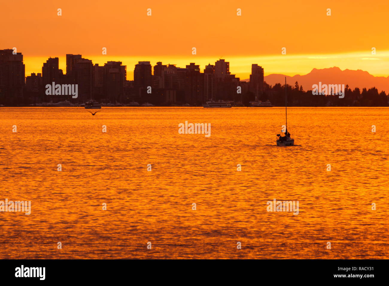 Blick auf die Skyline von Vancouver aus North Vancouver bei Sonnenuntergang, British Columbia, Kanada, Nordamerika Stockfoto