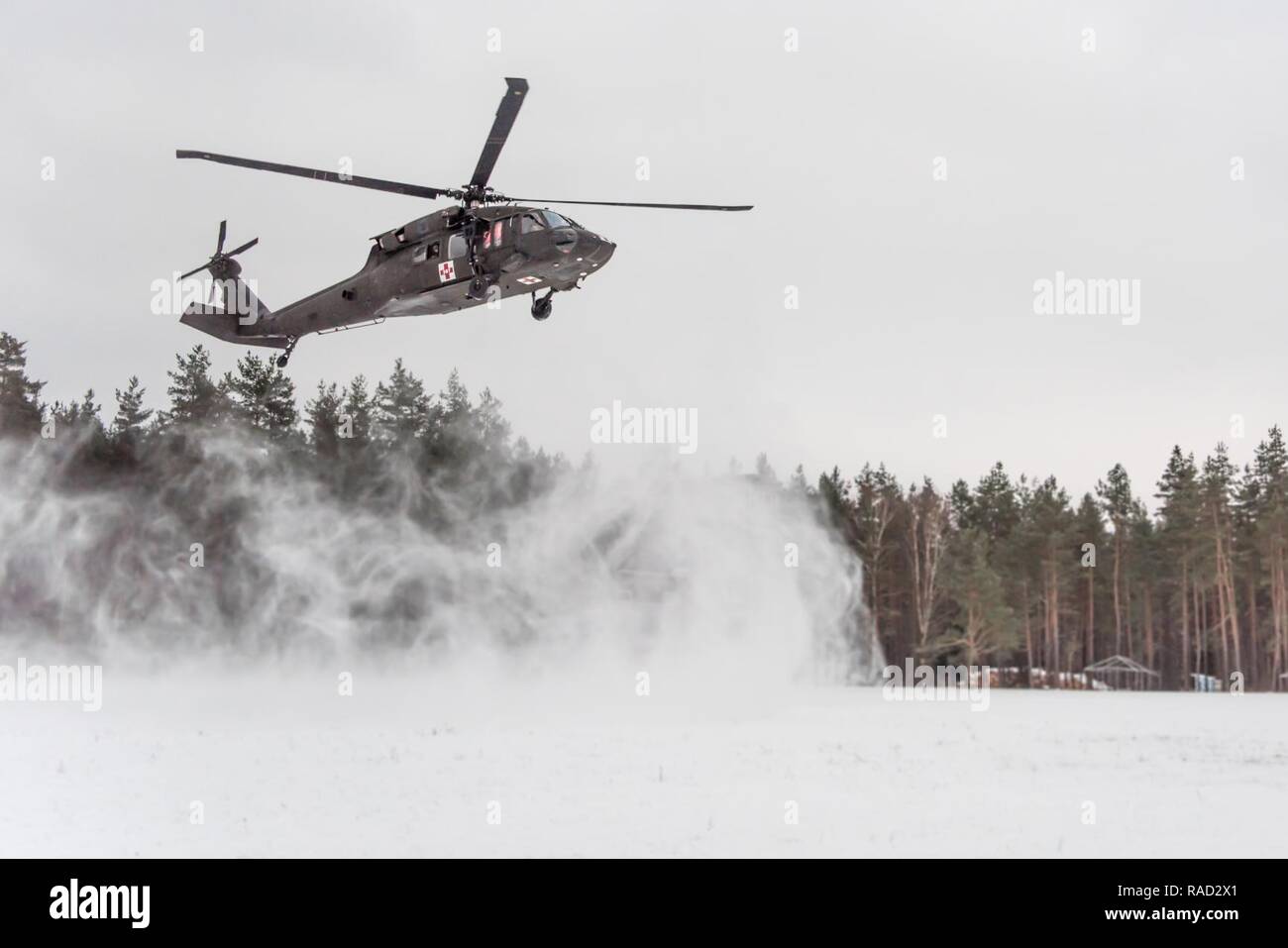 Grafenwöhr, Deutschland - EIN UH-60A/L Blackhawk Hubschrauber von C Company, 1-214 th Allgemeine Unterstützung Aviation Battalion ankommt MEDEVAC Training mit Soldaten der 67. Vorwärts OP-Team, 64. Medizinische Abteilung Veterinärwesen Service Support, und 3. Staffel, 2. Kavallerie Regiments, Jan. 10, 2017 zu führen. Stockfoto