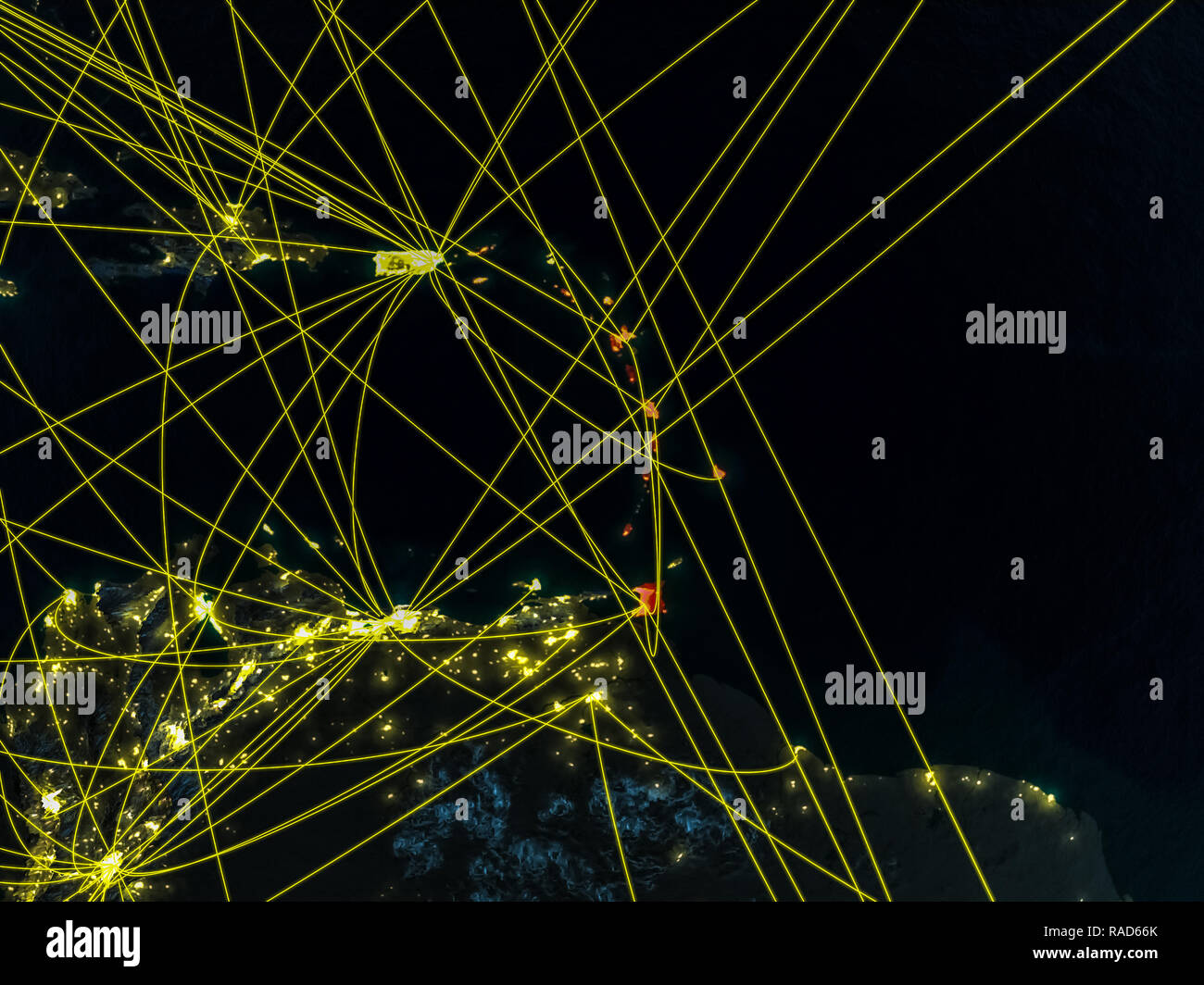 Karibik von Speicherplatz auf dem Modell des Planeten Erde bei Nacht mit Netzwerken. Detaillierte Planeten Oberfläche mit den Lichtern der Stadt. 3D-Darstellung. Elemente dieser imag Stockfoto