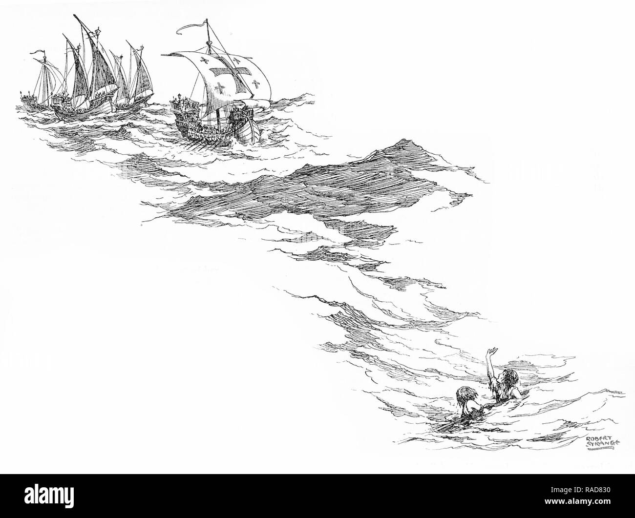 Gravieren von gestrandeten Matrosen zu einer spanischen Galeone winkend. Von einem ursprünglichen Gravur in der Jungen eigenen Jahresbericht 1925. Stockfoto