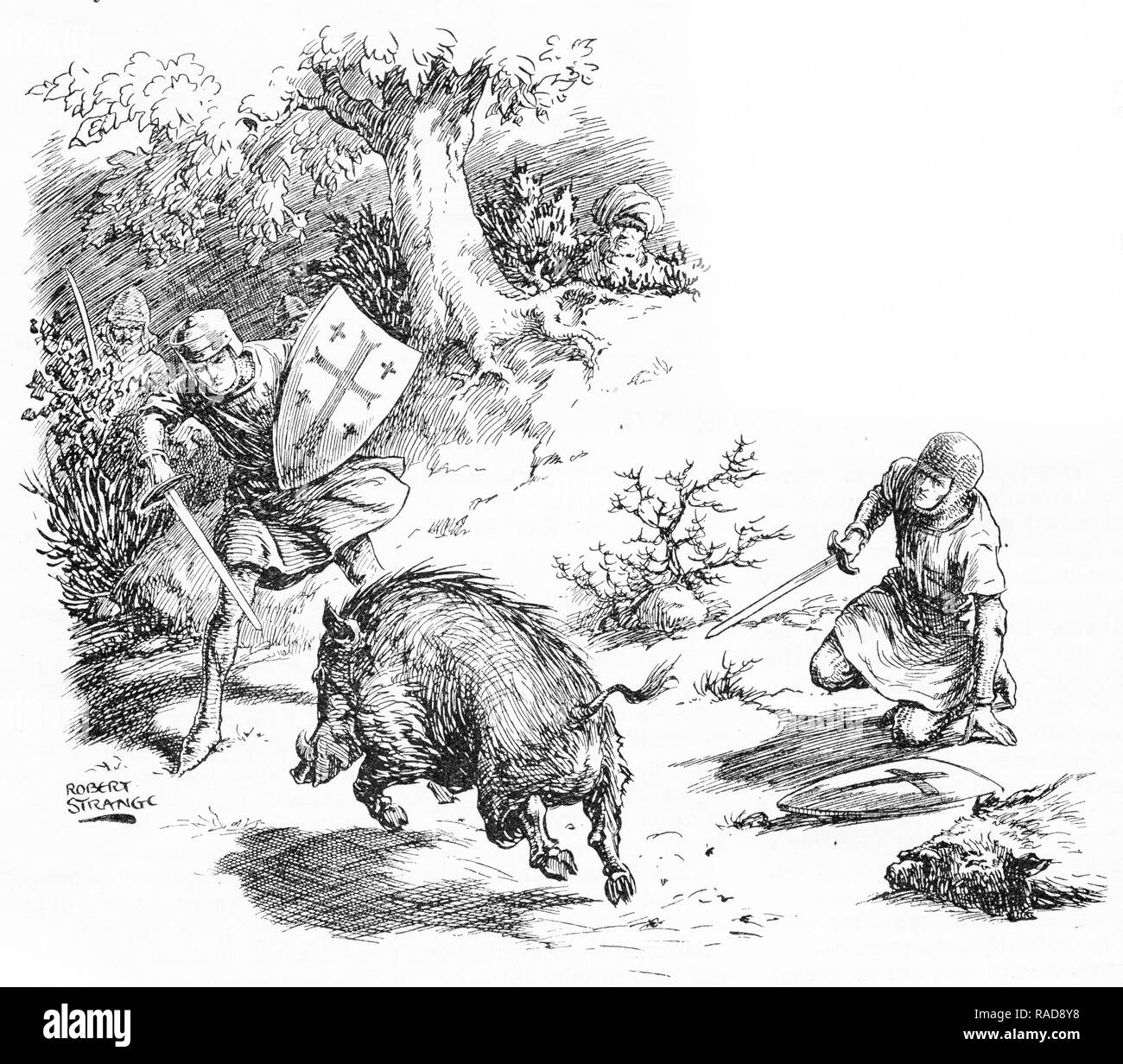 Gravur eines Kreuzfahrers Ritter verteidigte sich von einem Wildschwein im Wald. Von einem ursprünglichen Gravur in der Jungen eigenen Jahresbericht 1925. Stockfoto