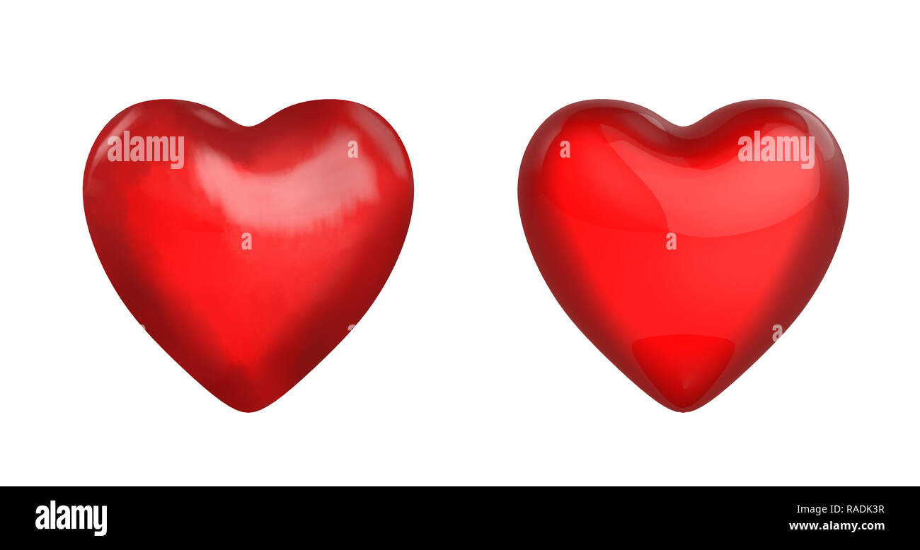 Zwei rote Herzen isoliert auf weißem Hintergrund. Hand zeichnen. Stockfoto