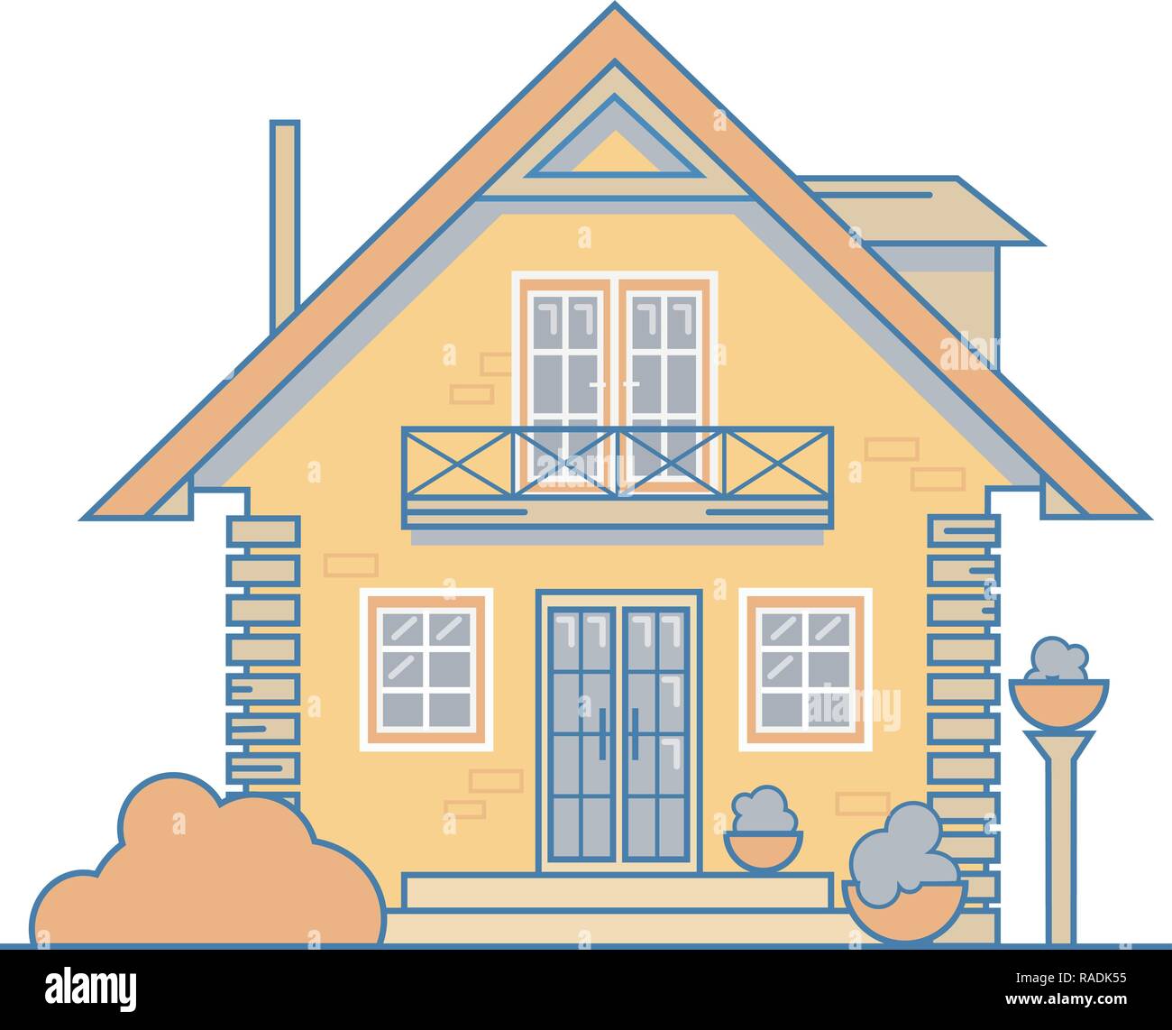 Brick gemütliches Ferienhaus Haus mit Balkon, Dachboden und großen Fenstern. Vector Illustration EPS 10-Datei. Stock Vektor