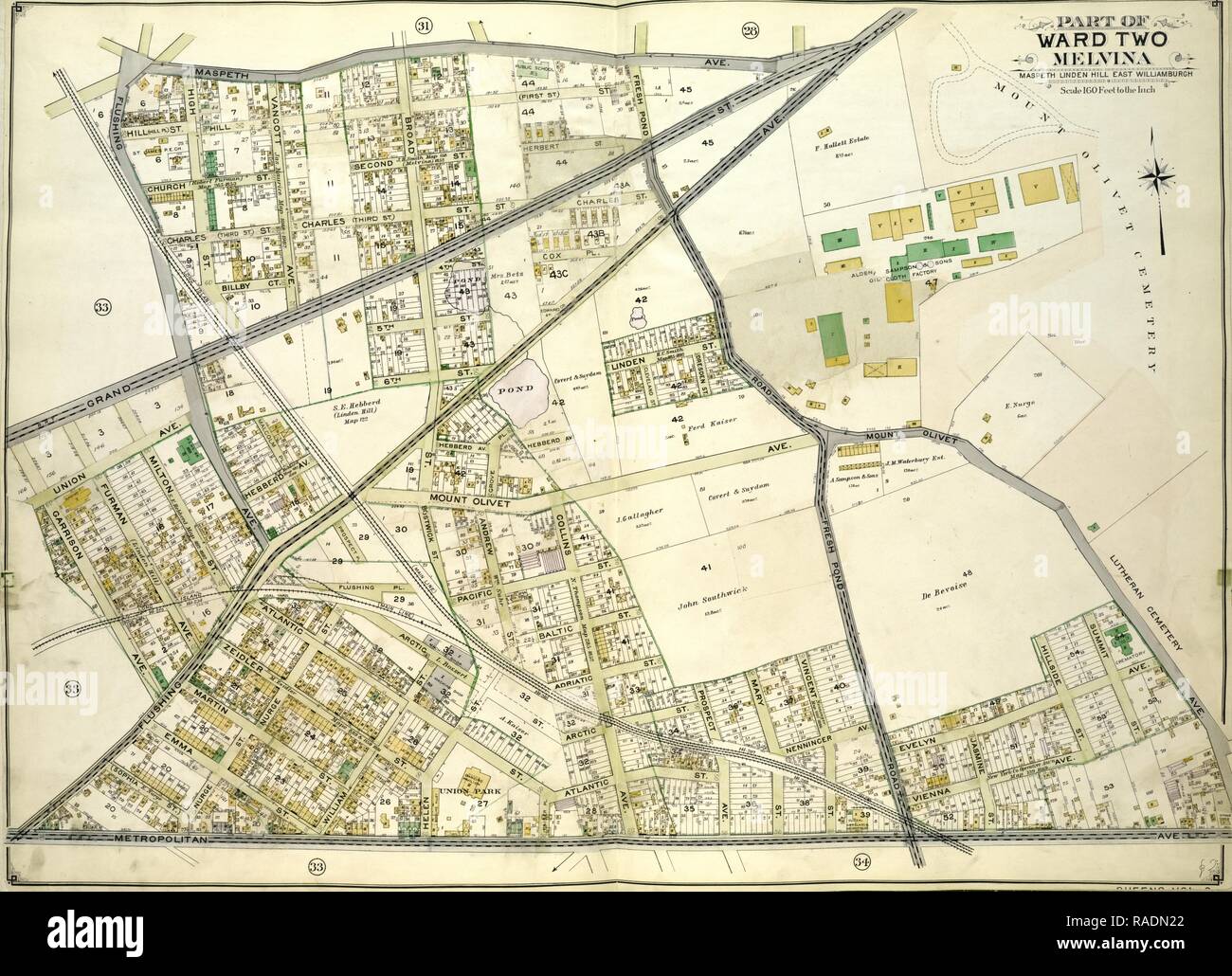 Queens, Bd. 2, Seite Platte Nr. 32, Teil der Gemeinde zwei melvina Maspeth Linden Hill East Williamburgh, Karte begrenzt ist neu konzipiert Stockfoto