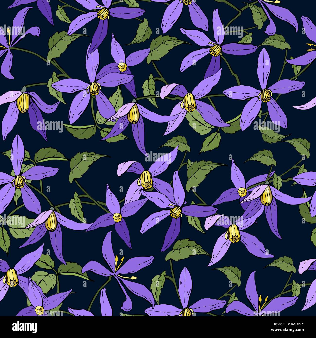 Bunte helle Hand gezeichnet nahtlose Muster mit Clematis Garten Blumen auf einem blauen Hintergrund. Vector Illustration Stock Vektor