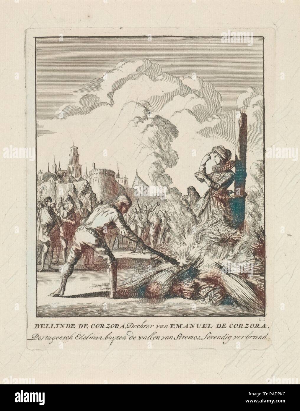 Die bellinde Corzora auf dem Scheiterhaufen, Jan Luyken, 169. Neuerfundene durch Gibon. Klassische Kunst mit einem modernen Touch neuerfundene Stockfoto