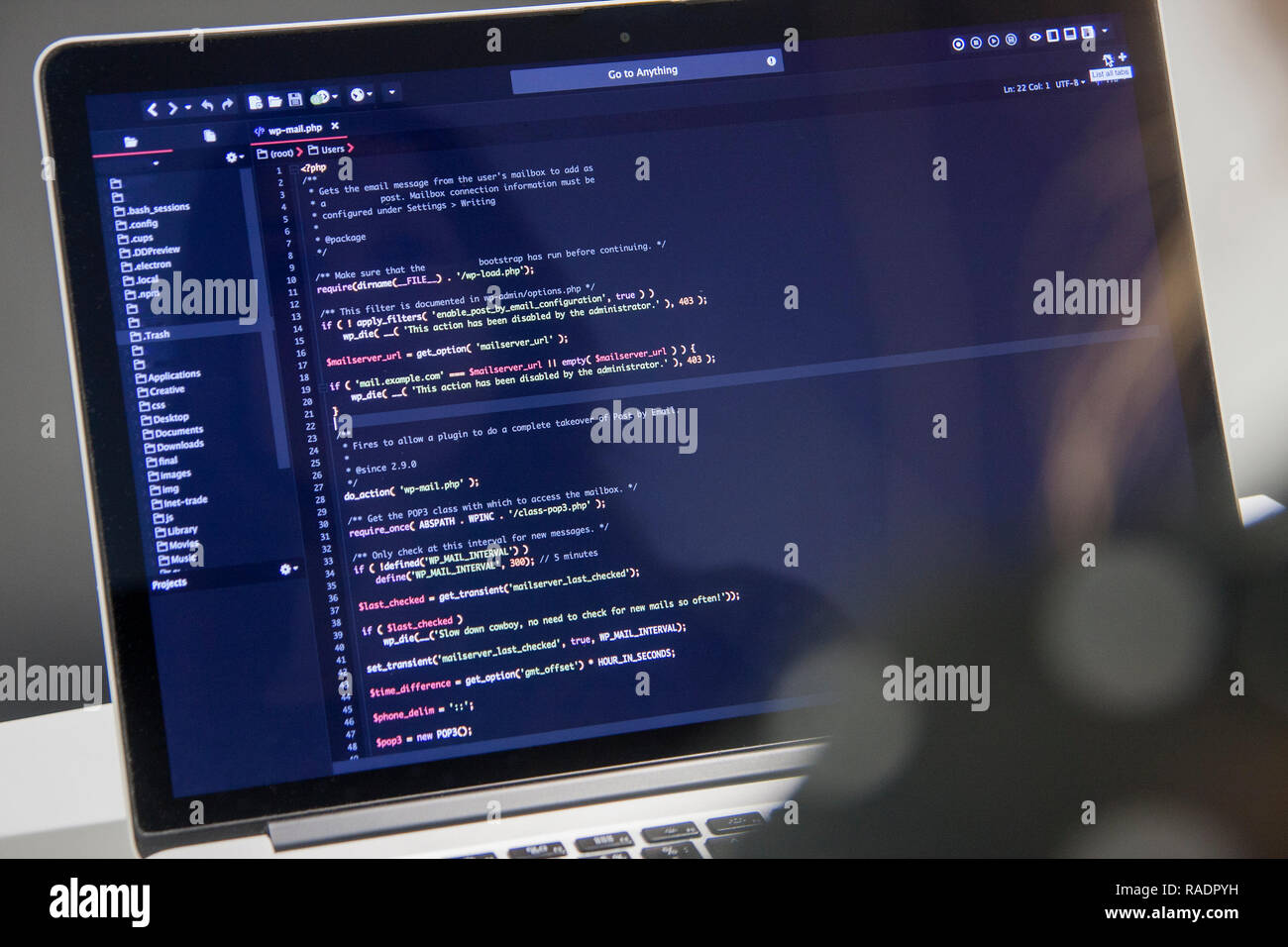 Frau Programmer mit Tasse Kaffee Arbeiten am Laptop im PHP-Code im Büro Stockfoto