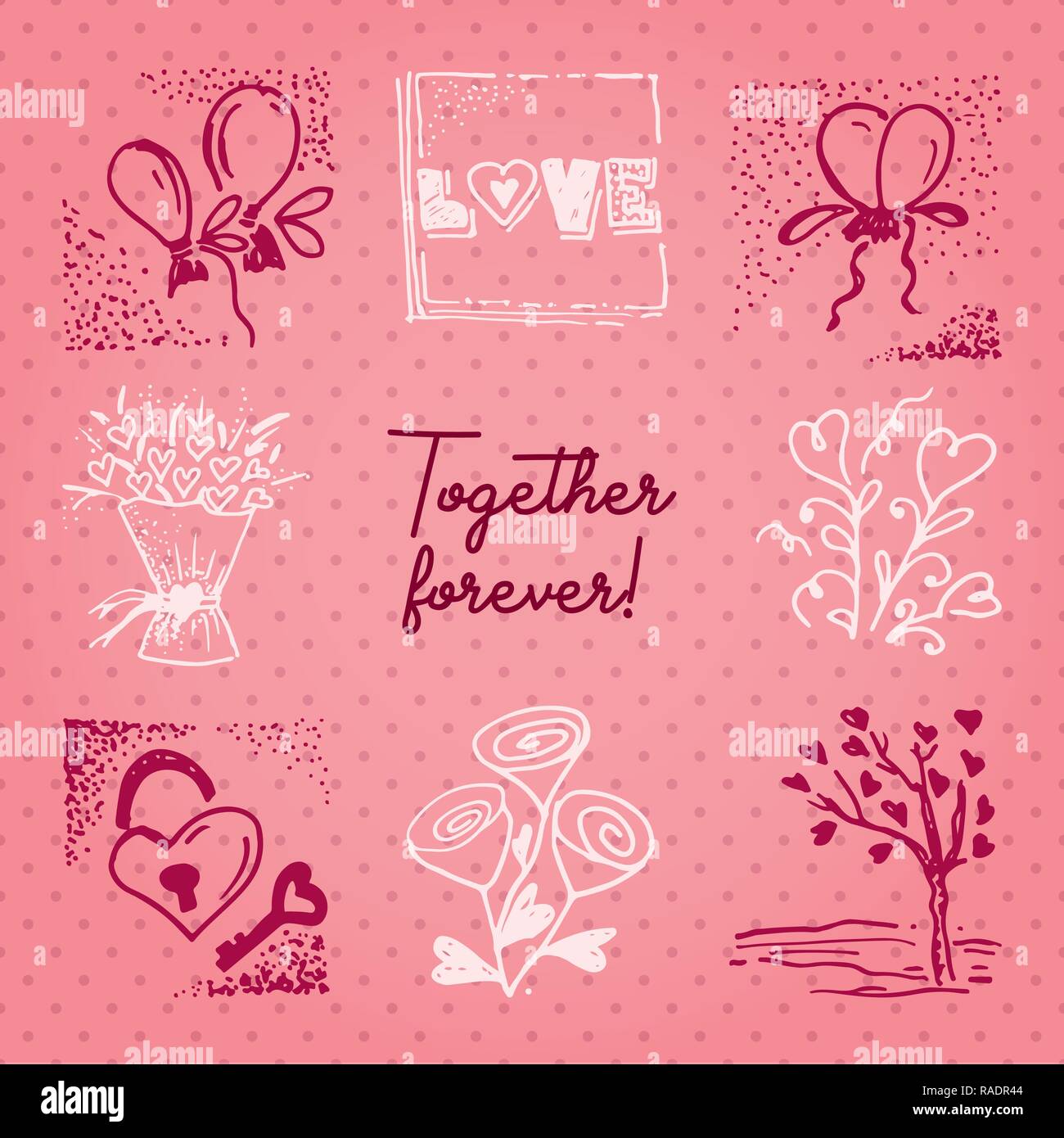 Valentines Tag Karte oder Einladung whit Motivation Text für immer zusammen. Hochzeit Konzept Grußkarte, Poster, Banner, design Element. Liebe pink zurück Stock Vektor