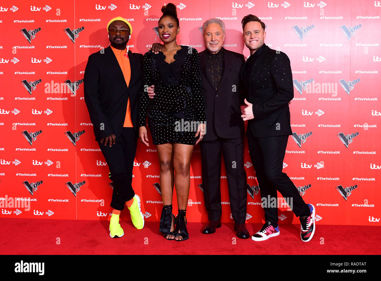 Will.i.am, Jennifer Hudson, Sir Tom Jones, und Olly Murs an der Sprachkonferenz UK Launch im W Hotel, London. Stockfoto