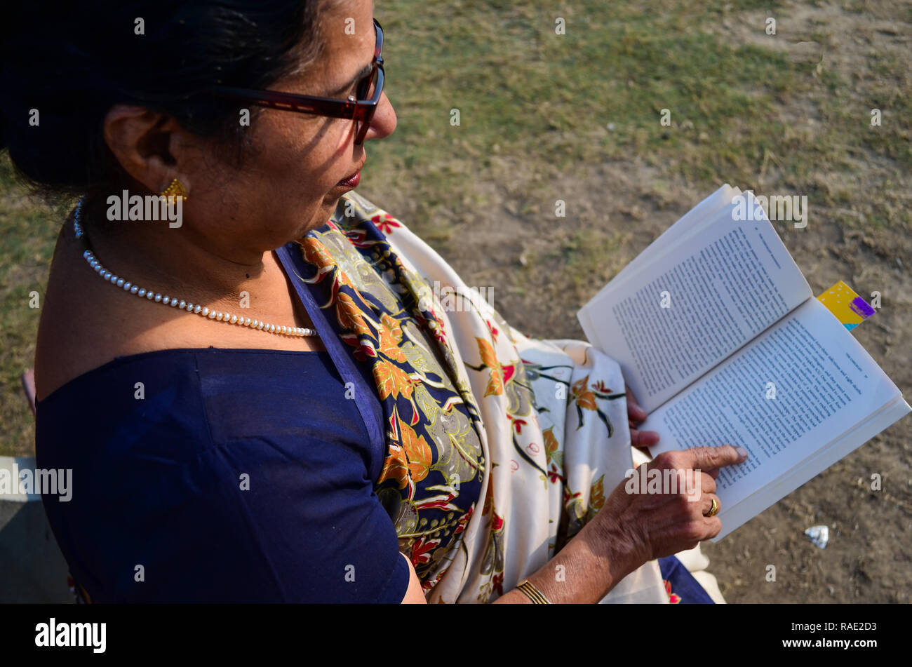 Seite Angle Shot eines Senior nördlich der indischen Frau lesen, und man Seiten eines Buches in einem Park, die traditionelle indische Kleidung (Sari) und Gläser Stockfoto