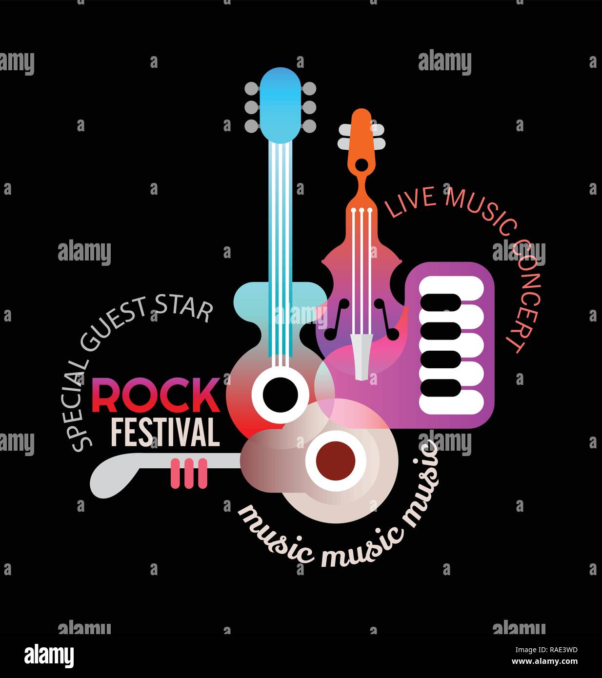 Rock Music festival Vektor poster Design. Abstrakte Komposition von Musikinstrumenten und Text isoliert auf einem schwarzen Hintergrund. Stock Vektor