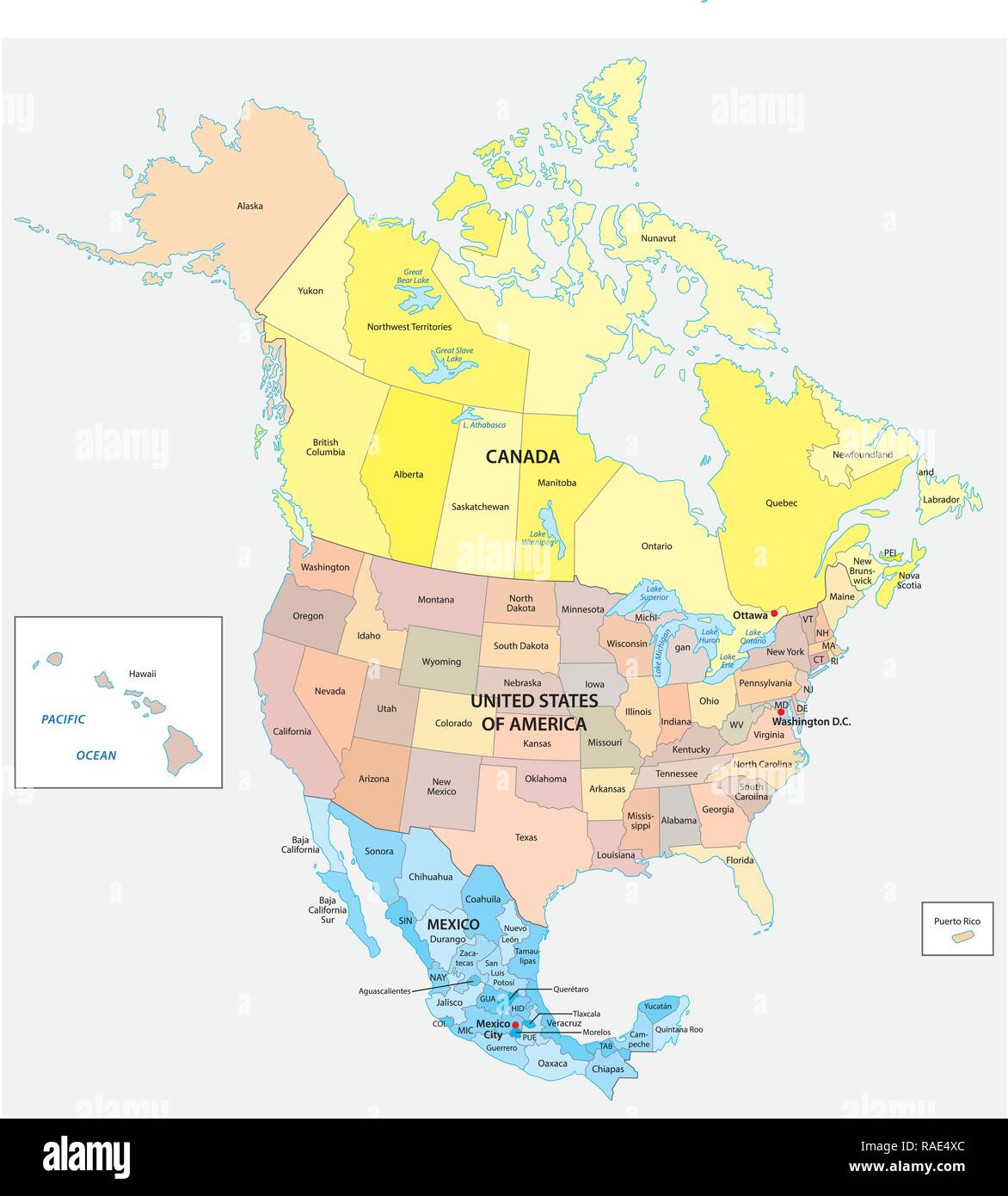Administrative und politische Vektorkarte der drei nordamerikanischen Staaten, Mexiko, Kanada und den Vereinigten Staaten von Amerika Stock Vektor