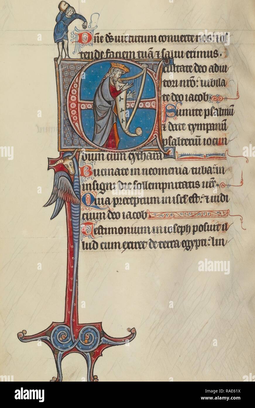 E: David spielt die Harfe und ein Mann Hieven einen Rock, Bute Master (franko-flämischen, aktiv 1260 - 1290 überarbeitet Stockfoto