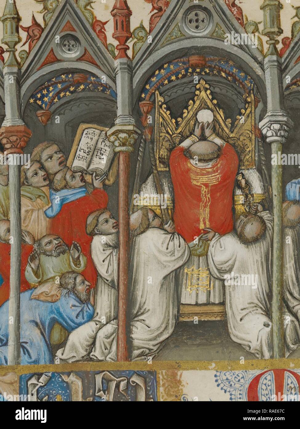 Die Höhe des Host, Erste T: ein Putto zwischen Sonne und Mond, Meister des Brüsseler Initialen (Italienische neuerfundene Stockfoto