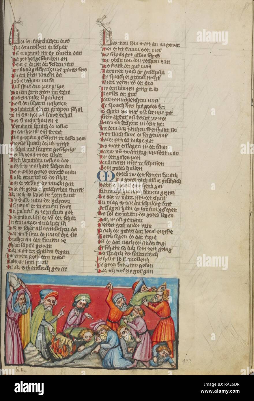 Mose brechen die Tafeln des Gesetzes und Brennen das Goldene Kalb, Regensburg, Bayern, Deutschland, ca. 1400 - 1410 überarbeitet Stockfoto