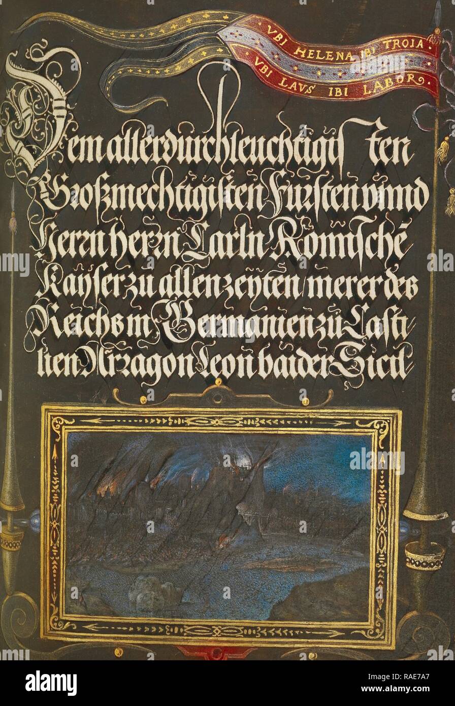 Die Verbrennung von Troy, joris Hoefnagel (Flämische, Ungarisch, 1542-1600) und Georg Bocskay (Ungarisch, gestorben 1575 Neuerfundene Stockfoto