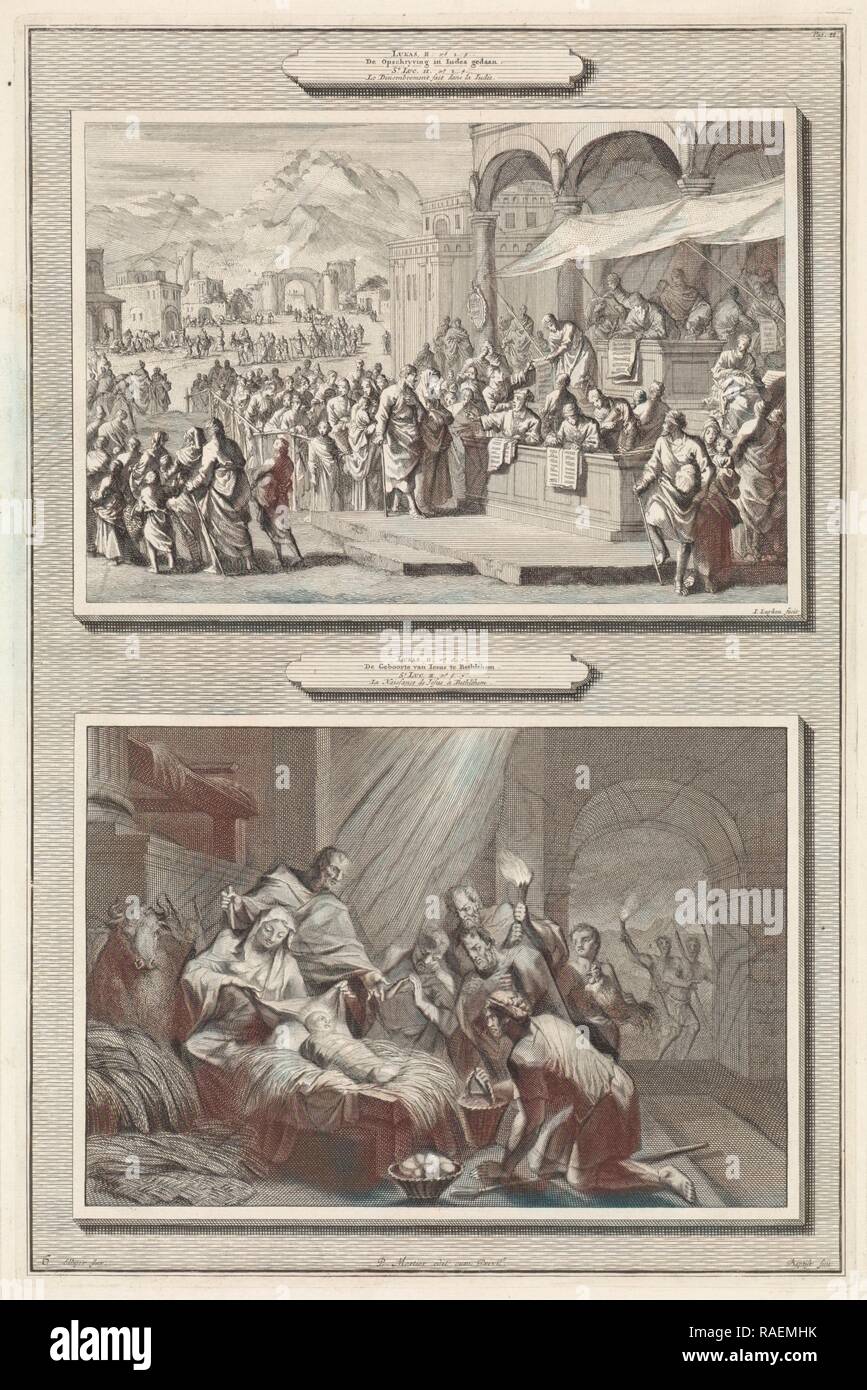 Volkszählung in Bethlehem und die Anbetung der Hirten, Jan Luyken, Jacobus Täufer, Pieter Morties. Neuerfundene Stockfoto