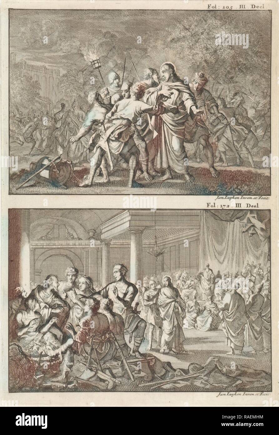 Festnahme von Christus und Petrus verleugnet Christus, Jan Luyken, Willem Broedelet, 170. Neuerfundene durch Gibon. Klassische Kunst mit einem Neuerfundene Stockfoto