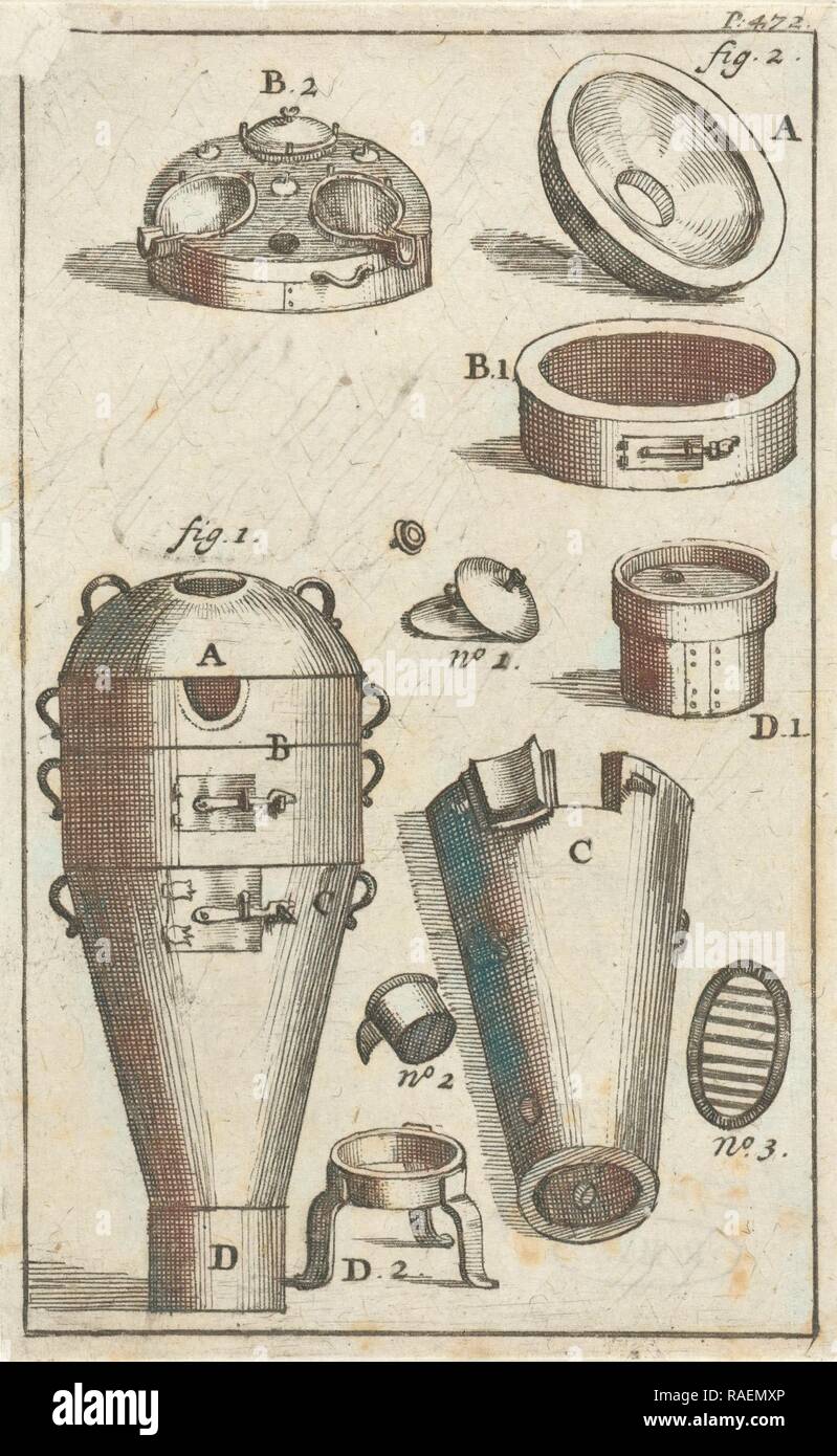 Destillation gerät, und verschiedene Teile separat, Jan Luyken, Jan Claesz zehn Hoorn, 169. Neuerfundene Stockfoto