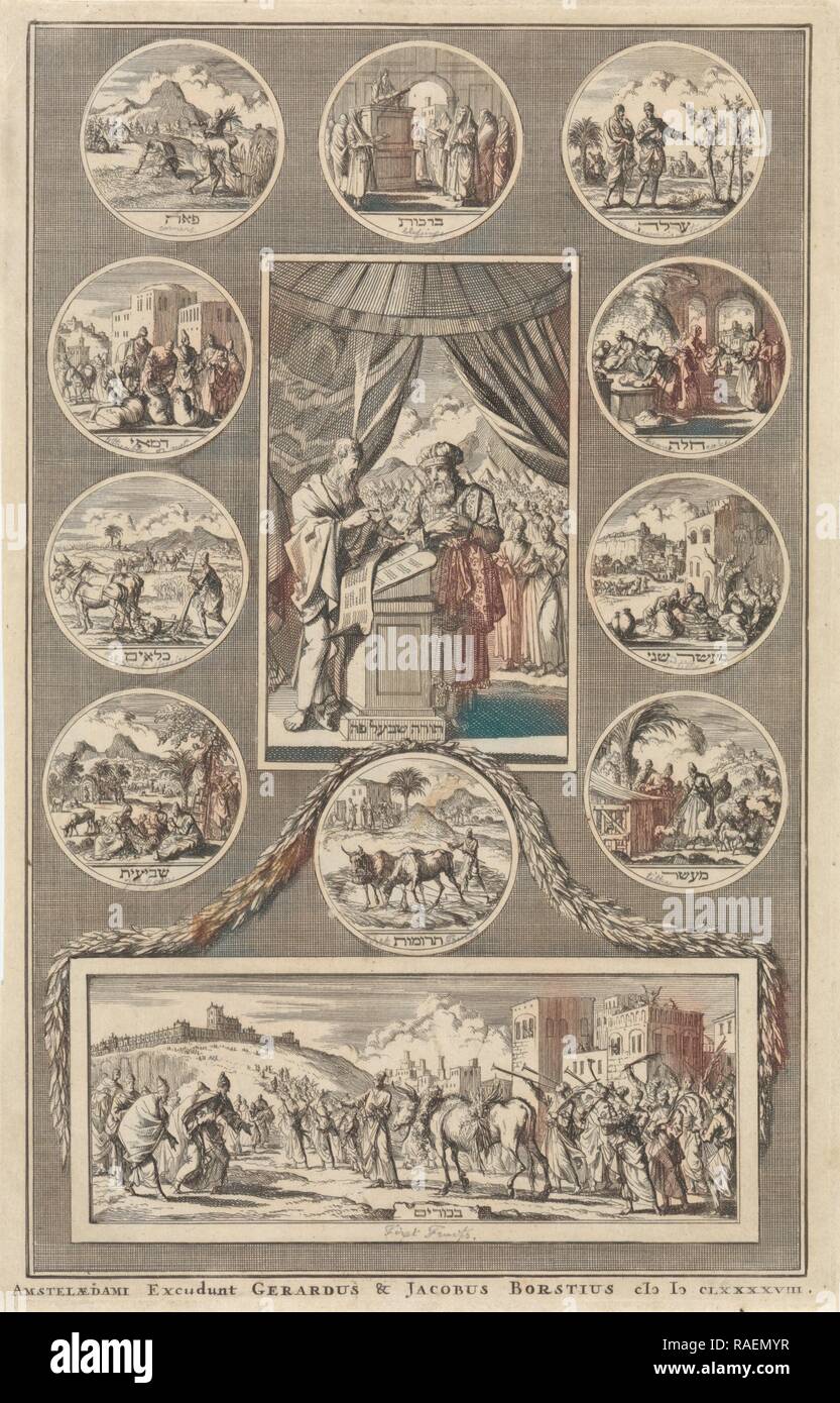 Mose und Aaron, und die Tafeln des Gesetzes, Jan Luyken, Gerardus Borstius (I), Jacobus Borstiu. Neuerfundene Stockfoto
