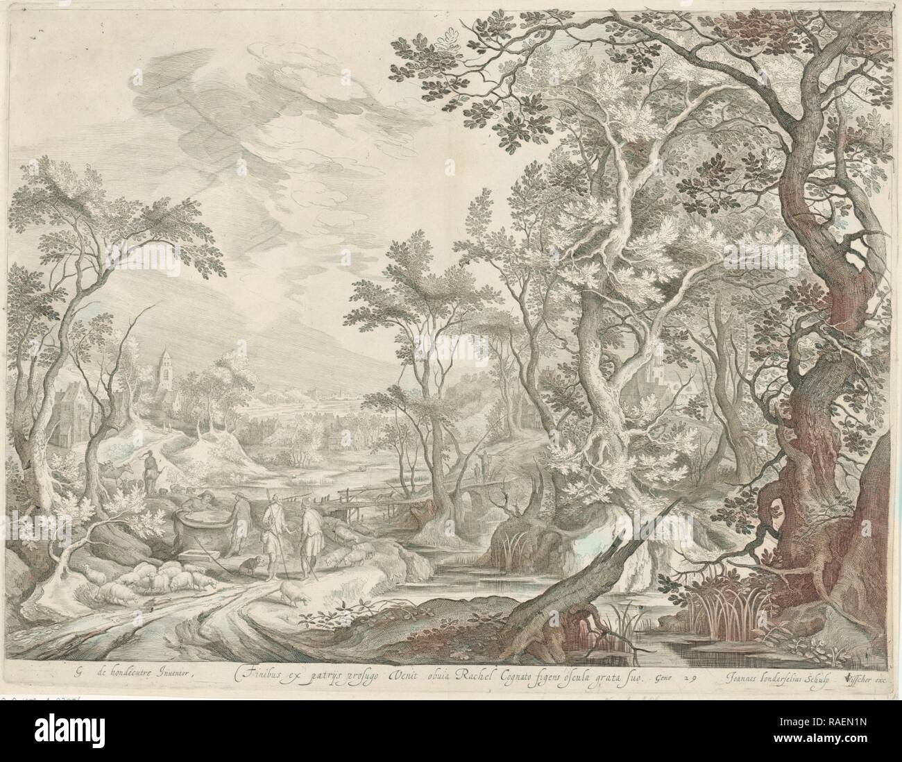 Jakob und die Männer von Haran am Brunnen, Jan van Londerseel, Claes Jansz. Visscher (II), 1601 - 165. Neuerfundene Stockfoto