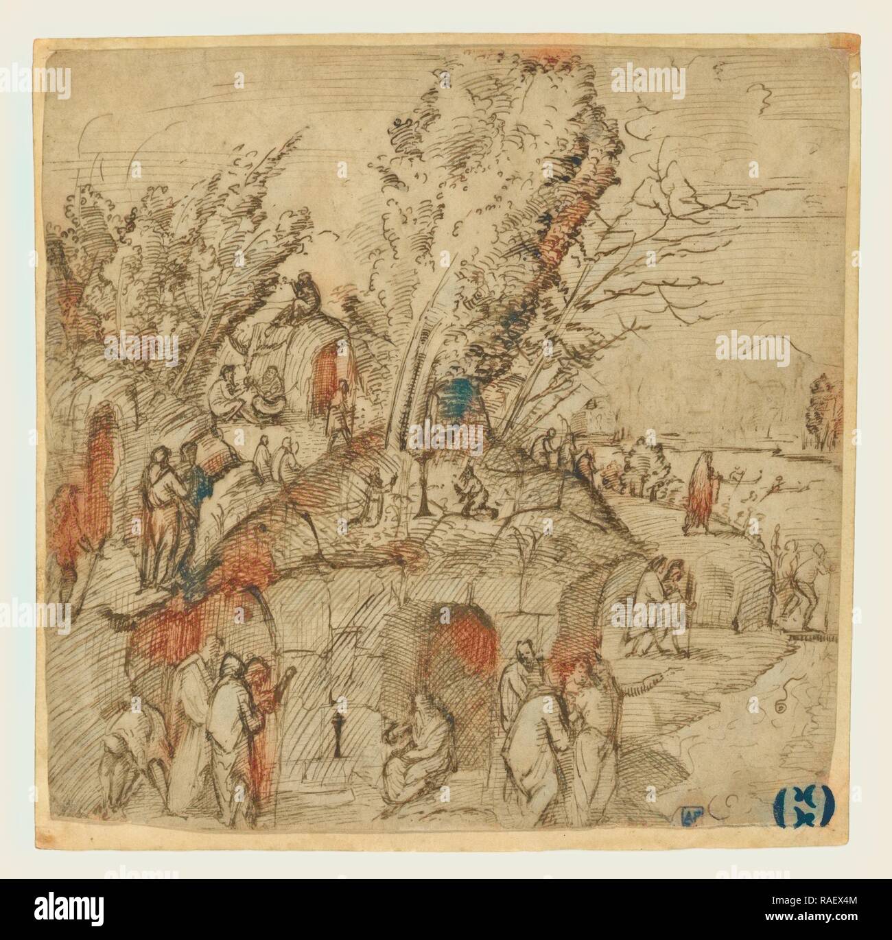 Ein thebais: Mönche und Einsiedler in einer Landschaft, Lorenzo Costa (Italienisch, über 1459,1460 - 1535), um 1505, Stift und Neuerfundene Stockfoto