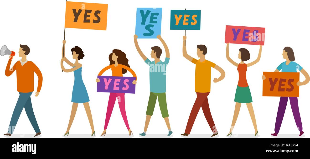 Masse der Leute mit Banner und Poster zu Fuß auf öffentliche Manifestation. Demonstration, Rechte, Parade Vector Illustration Stock Vektor