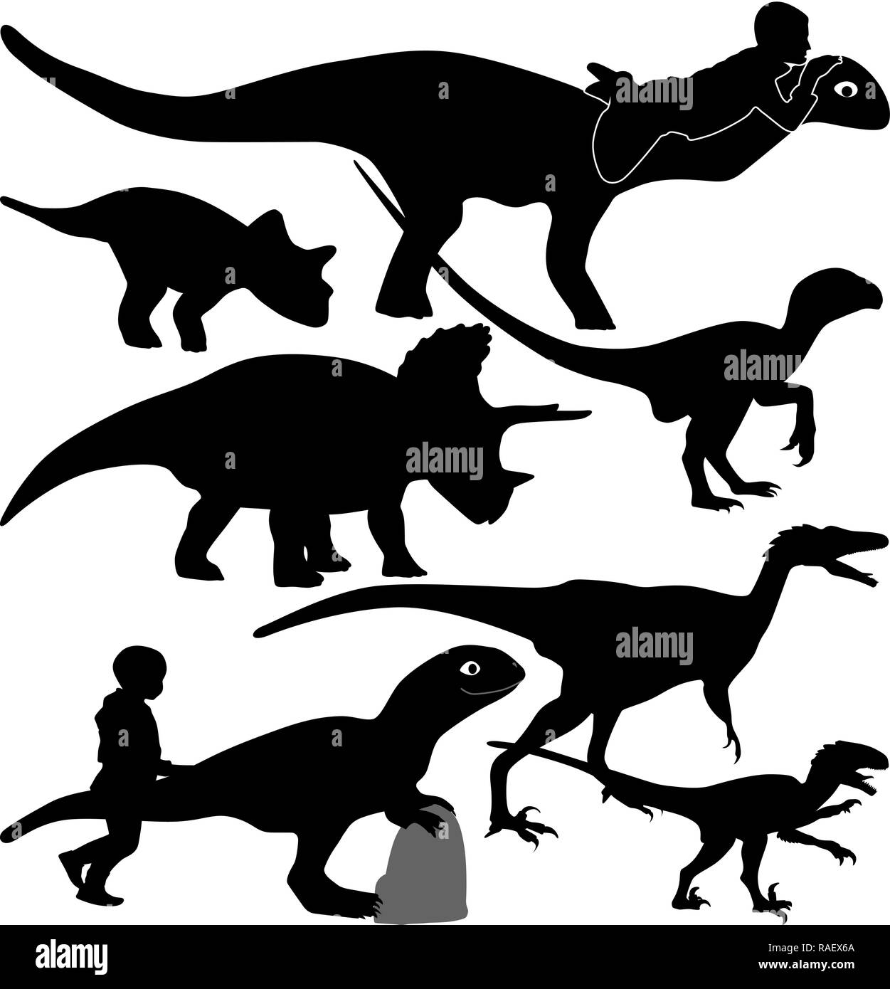 Dinosaurier und Kid spielen silhouette Vektor Stock Vektor